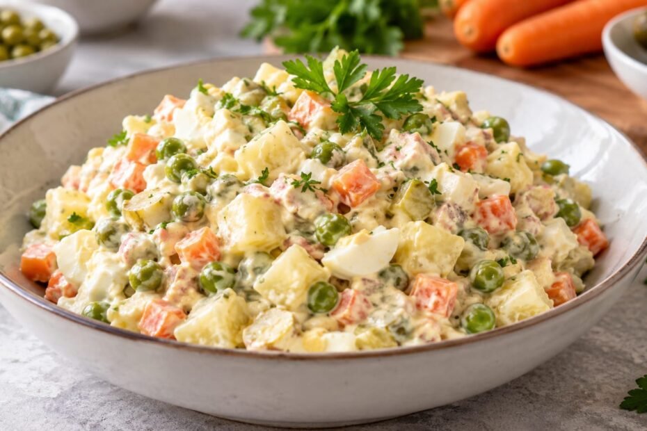 Francuska salata s krumpirom, mrkvom i graškom u zdjeli