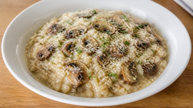 Kremasti rižoto s gljivama i parmezanom u dubokom tanjuru