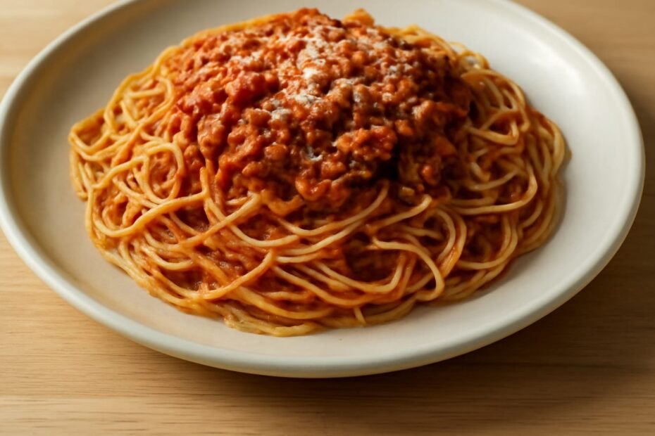 Špageti bolognese s mljevenim mesom, umakom od rajčice i naribanim parmezanom